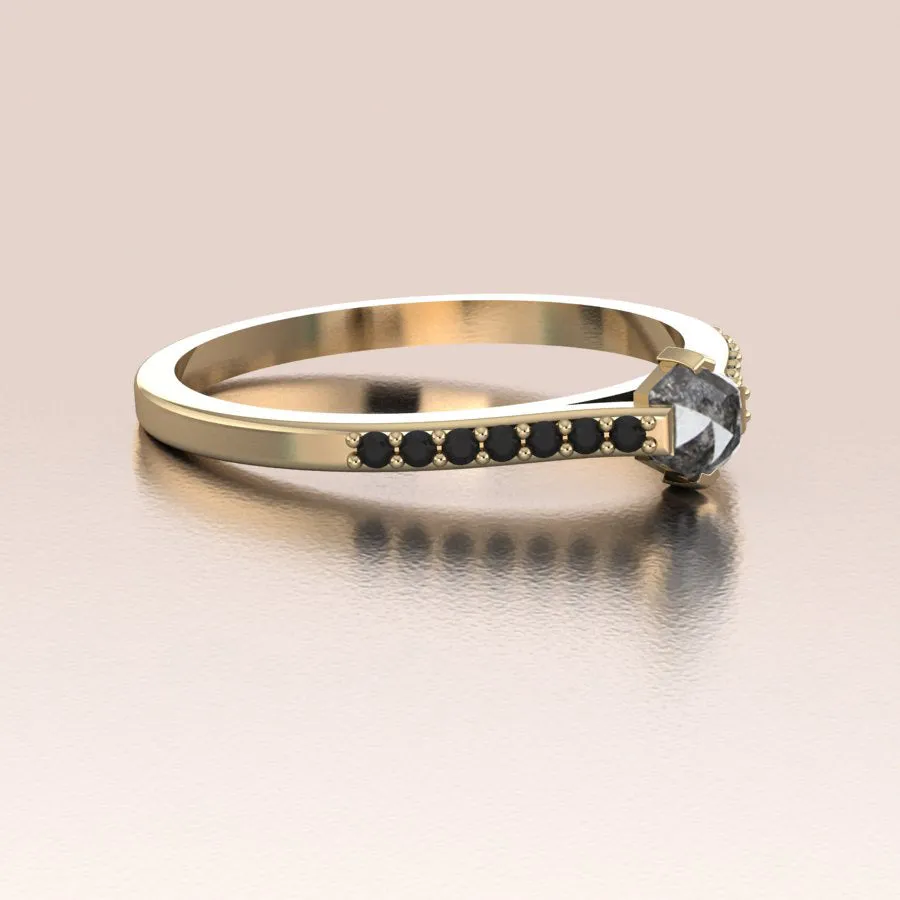 14K Gold Unique Salt and Pepper Hexagon Diamond Ring