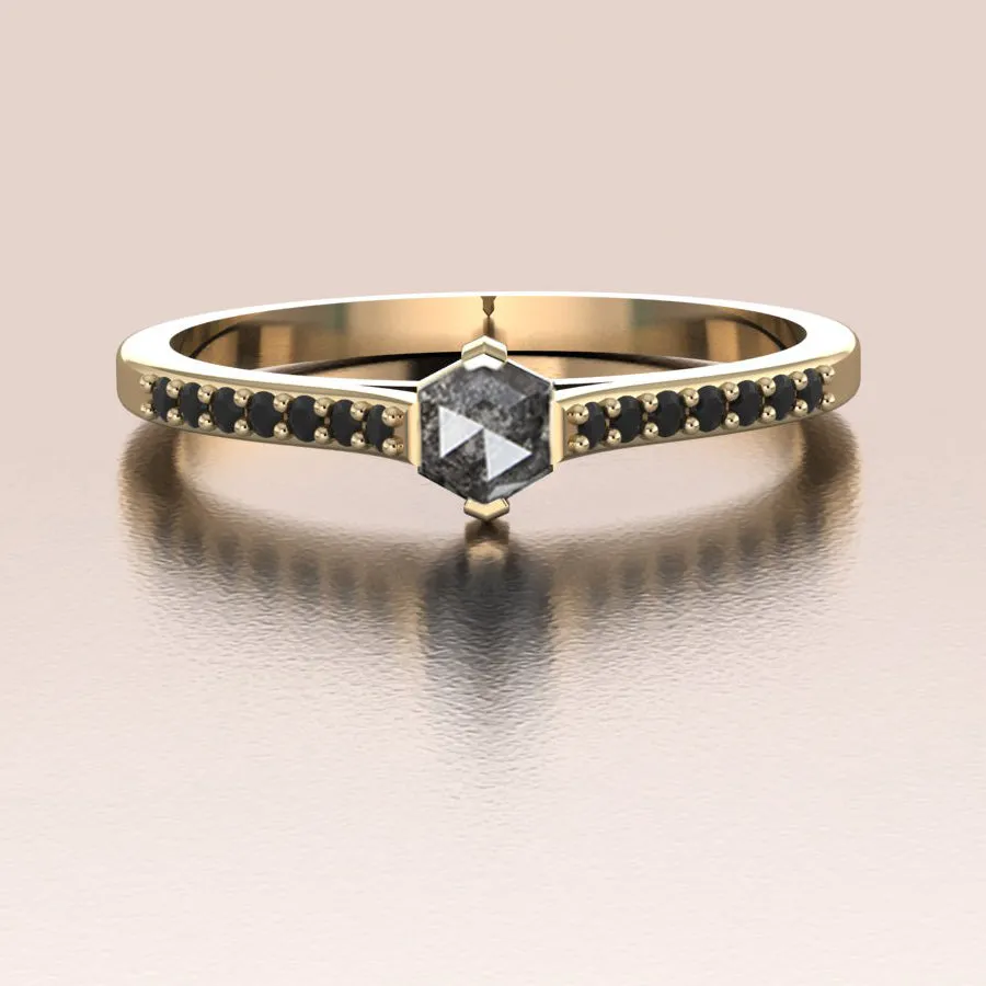 14K Gold Unique Salt and Pepper Hexagon Diamond Ring