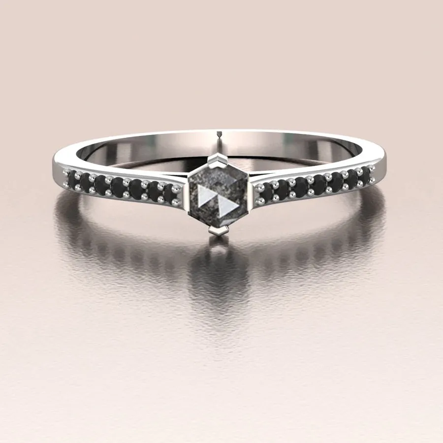 14K Gold Unique Salt and Pepper Hexagon Diamond Ring