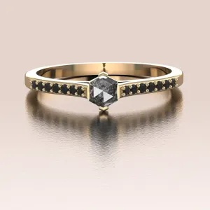 14K Gold Unique Salt and Pepper Hexagon Diamond Ring