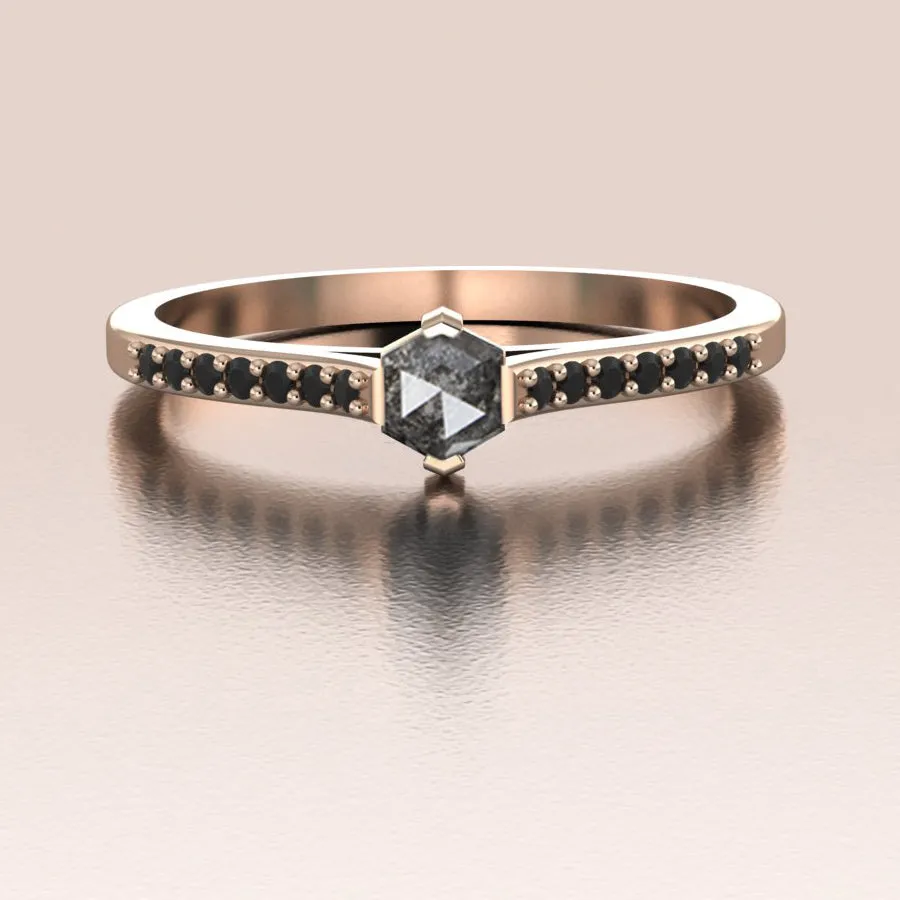 14K Gold Unique Salt and Pepper Hexagon Diamond Ring