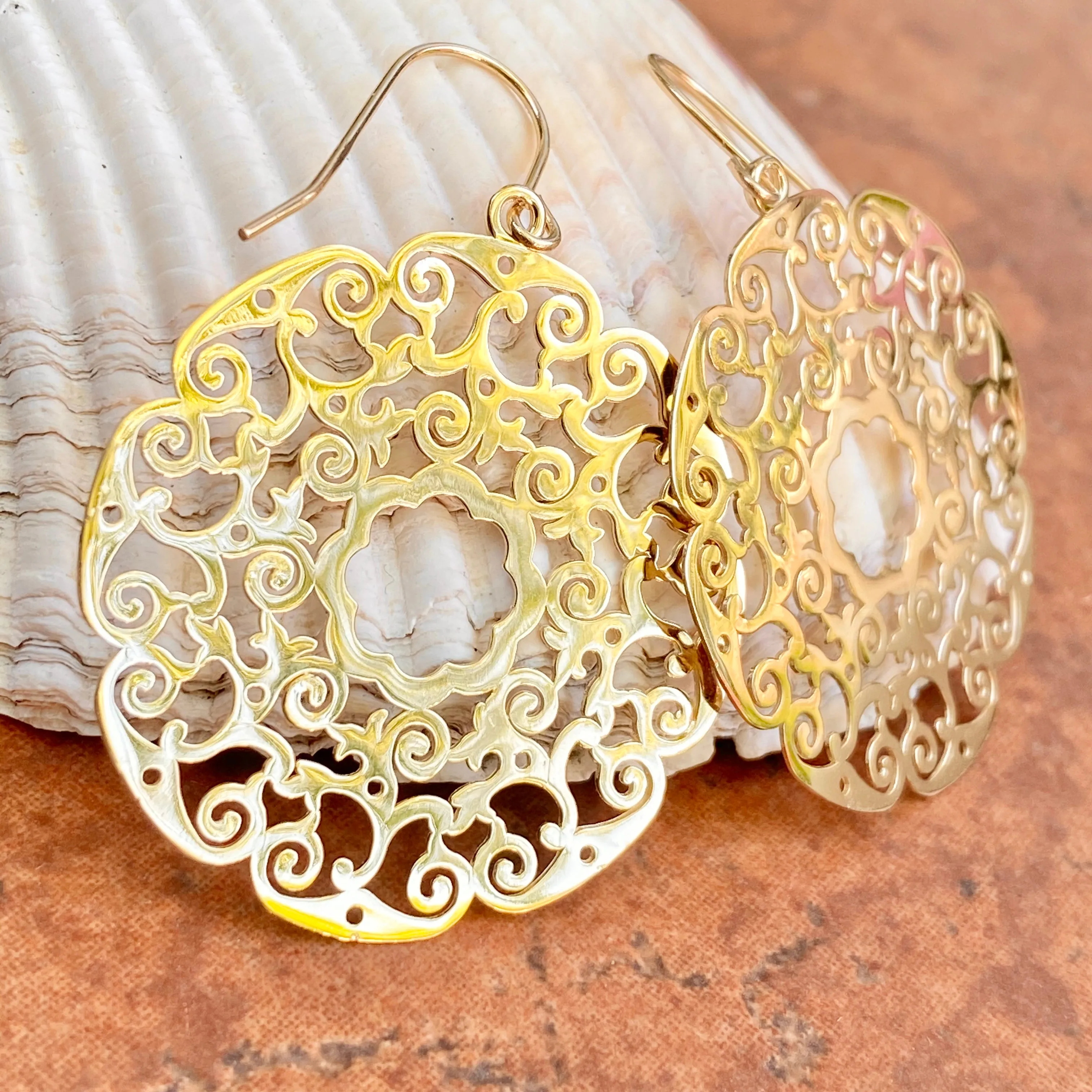 14KT Yellow Gold Lace Filigree Circle Dangle Earrings