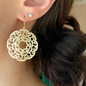 14KT Yellow Gold Lace Filigree Circle Dangle Earrings
