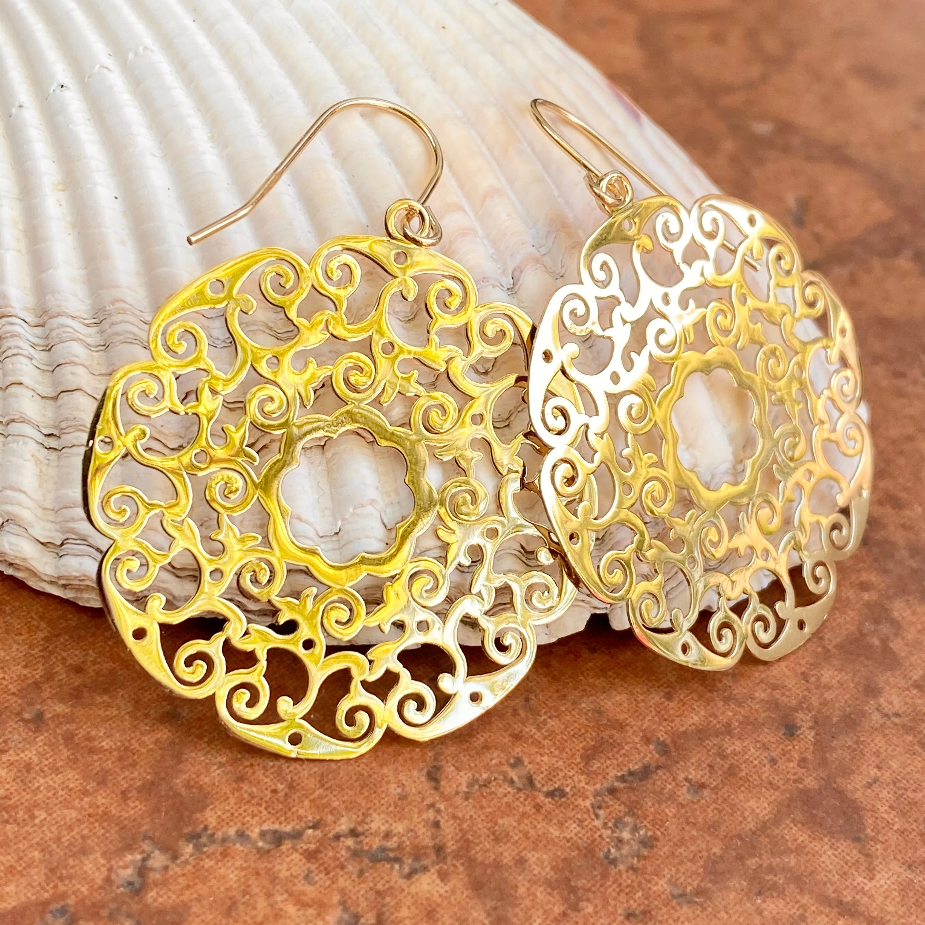 14KT Yellow Gold Lace Filigree Circle Dangle Earrings