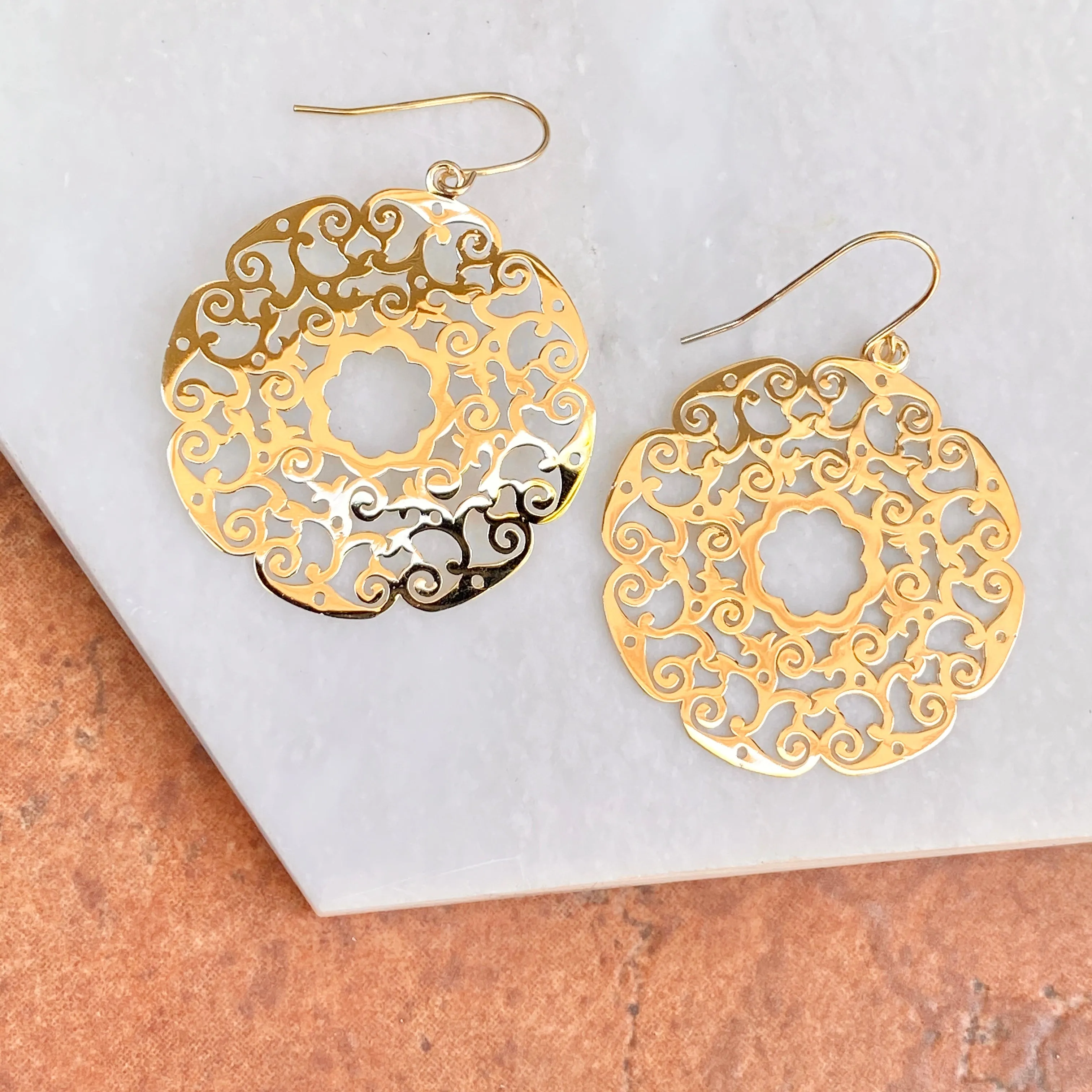 14KT Yellow Gold Lace Filigree Circle Dangle Earrings