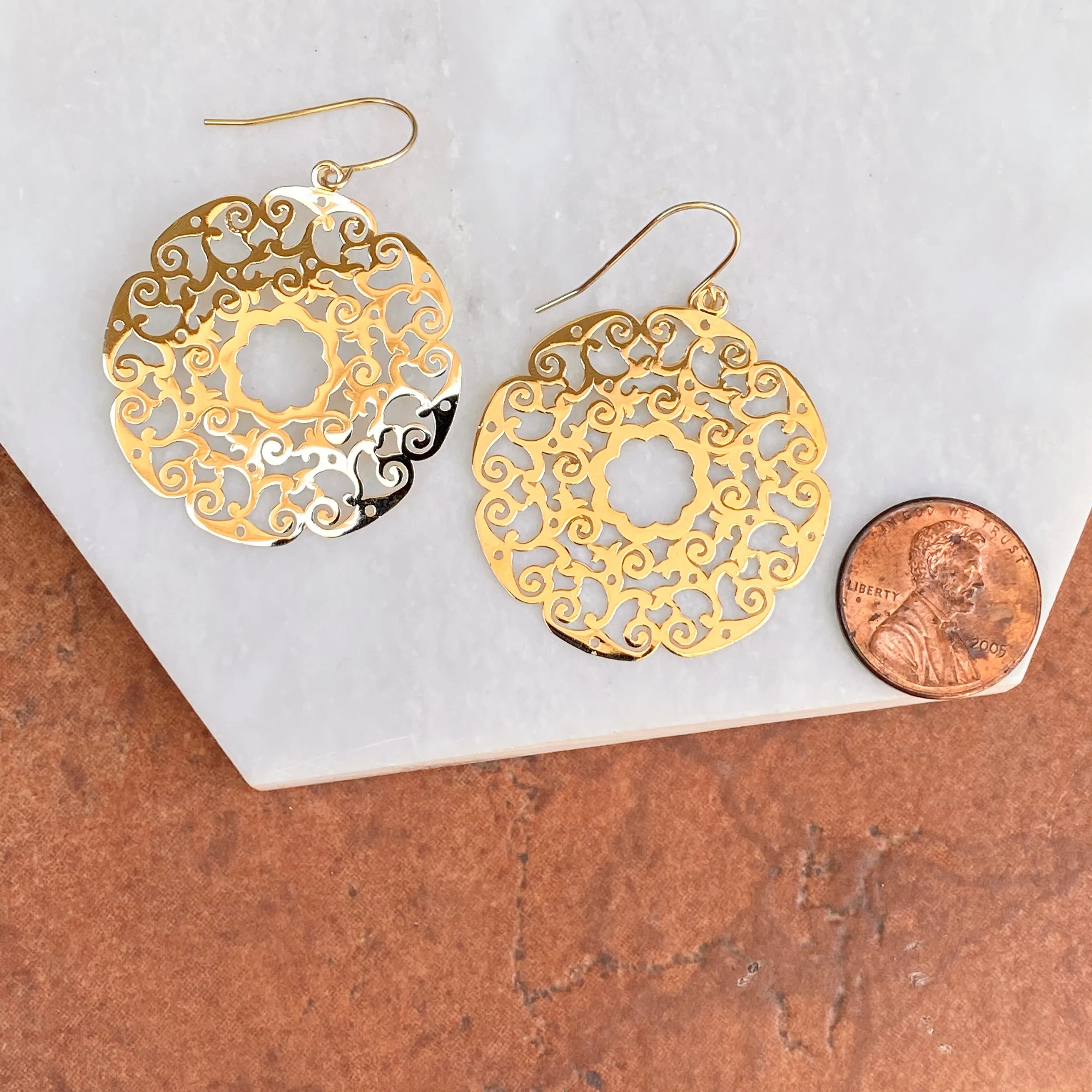 14KT Yellow Gold Lace Filigree Circle Dangle Earrings