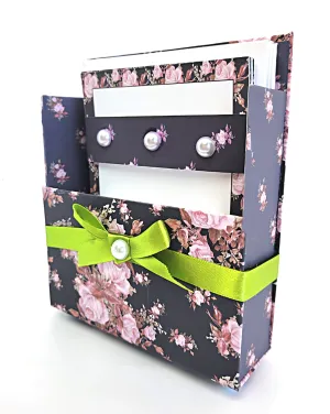 42-Pc Stationery Gift Box Set w/Reusable Desktop Organizer Box and Gold Pen - Pink & Coral Roses on Black
