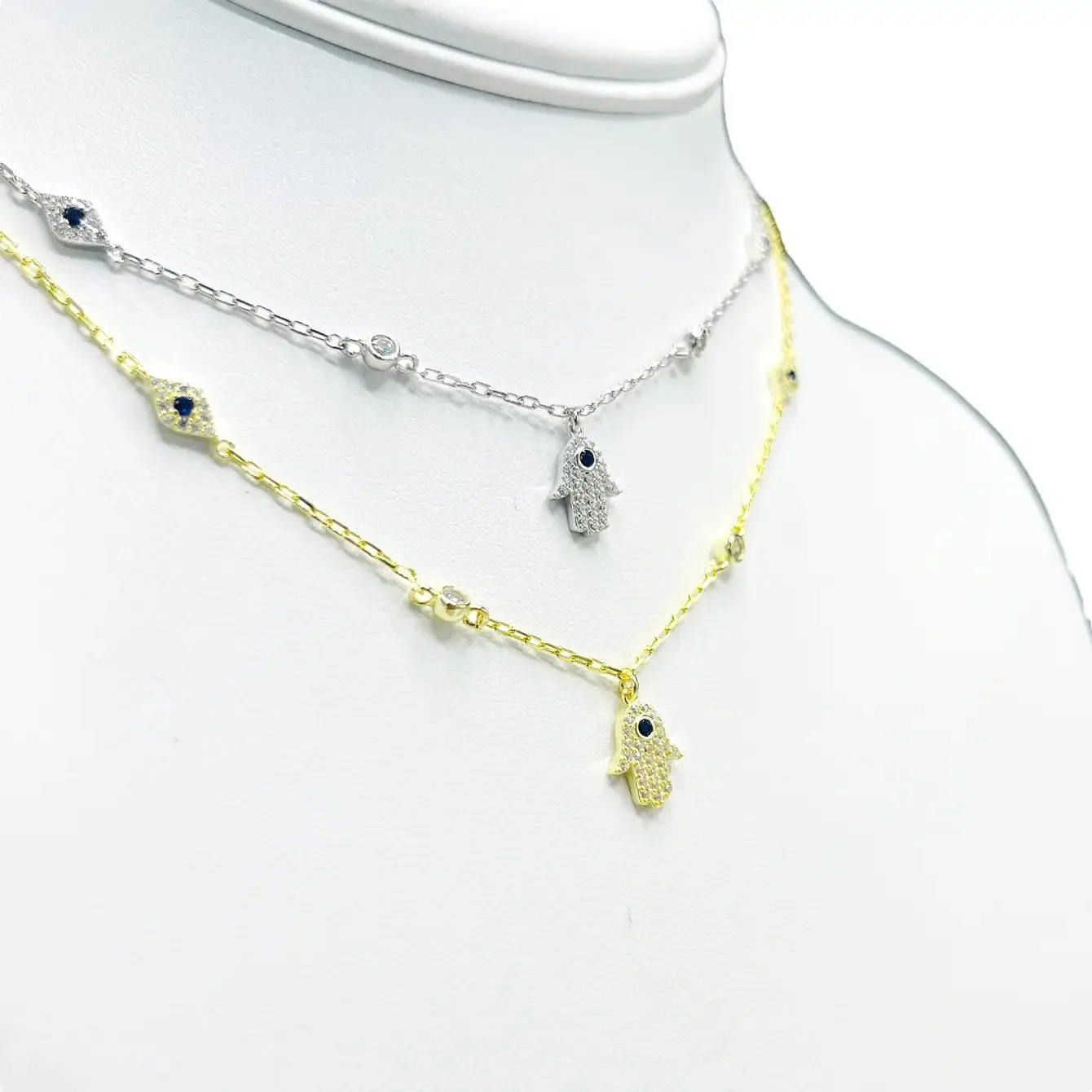 925 Sterling Silver Hamsa Navy Stone Evileye Necklace
