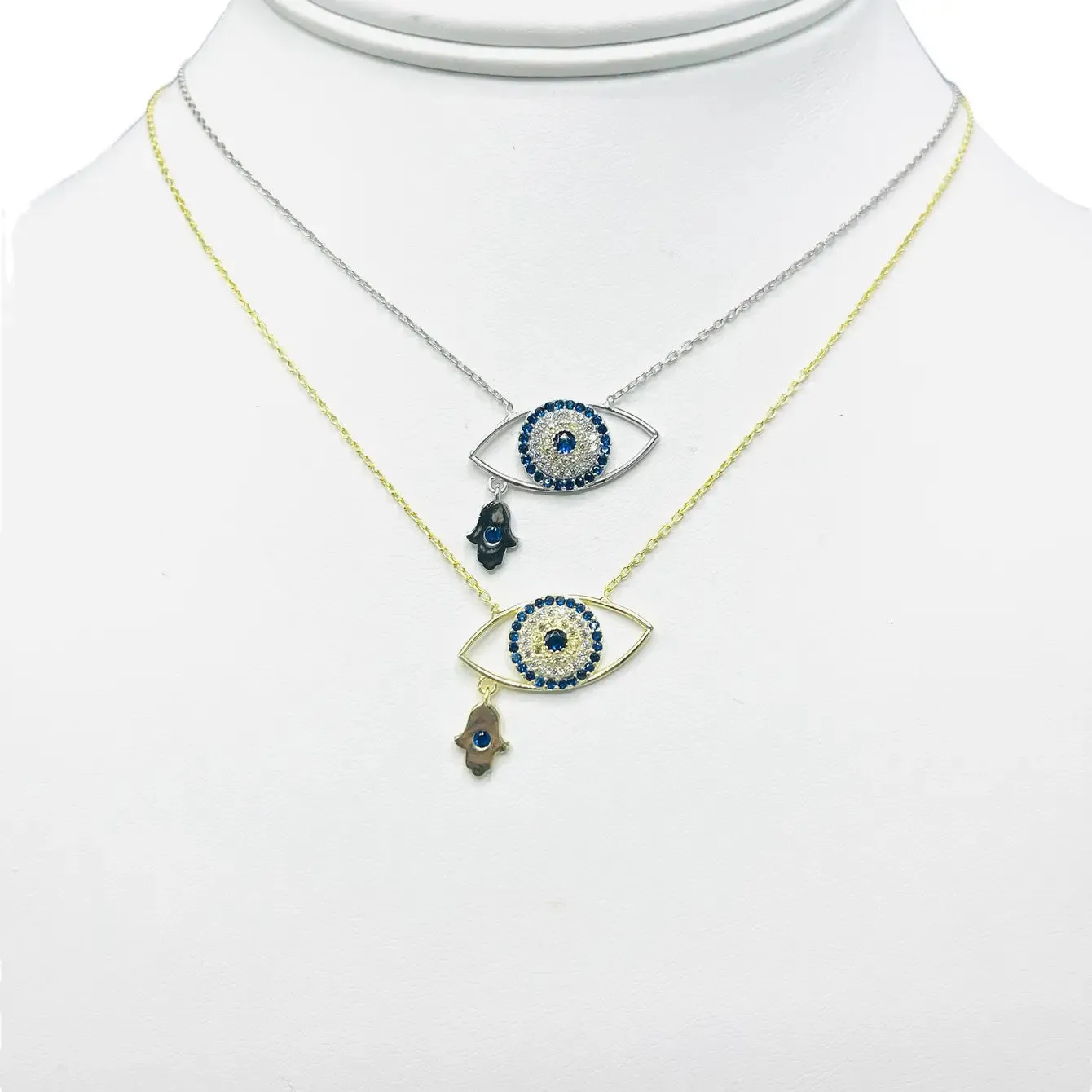 925 Sterling Silver - Large Oval Evileye With Hamsa Necklace