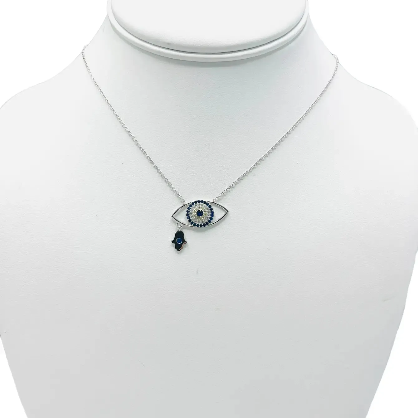 925 Sterling Silver - Large Oval Evileye With Hamsa Necklace