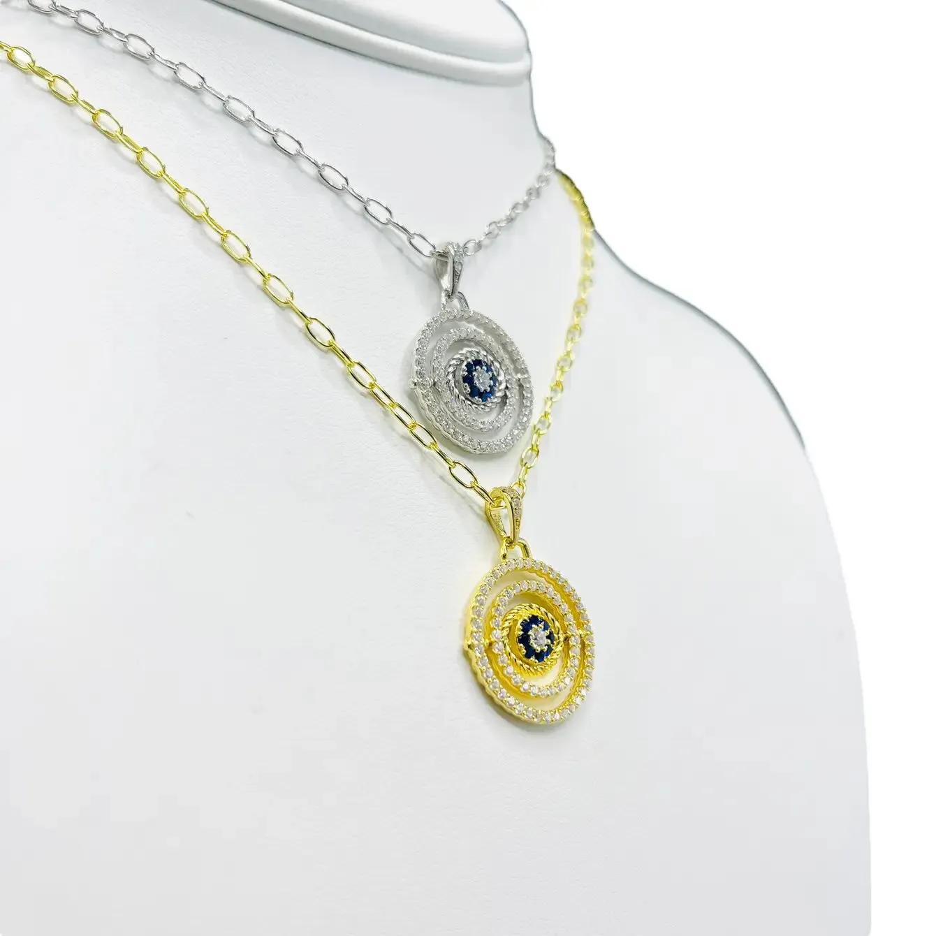 925 Sterling Silver - Large Round Oval Evileye Necklace
