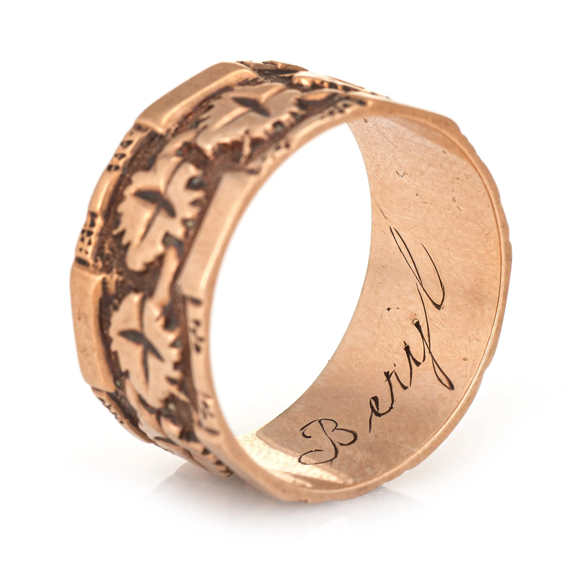 Antique Victorian Ivy Leaf Pattern Ring Wide Wedding Band Sz 6.5 10k Rose Gold