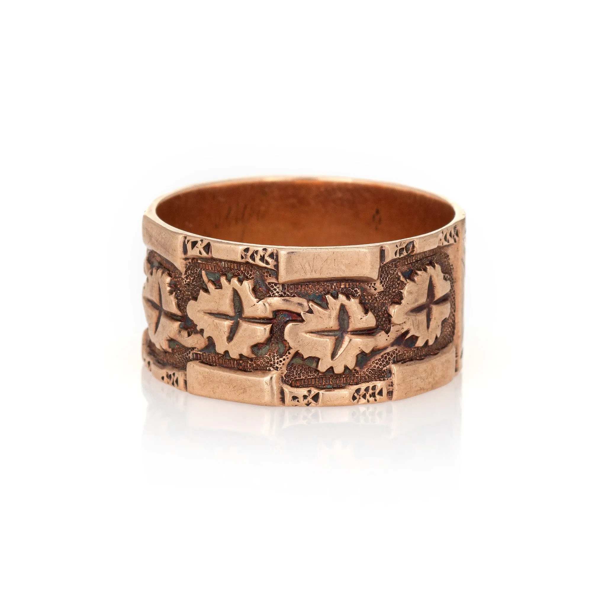 Antique Victorian Ivy Leaf Pattern Ring Wide Wedding Band Sz 6.5 10k Rose Gold