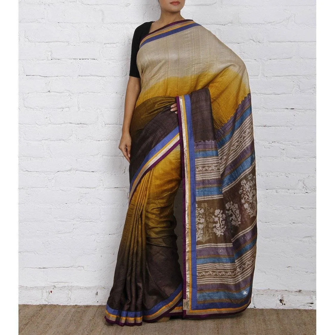 Beige & Dark Brown Silk Saree