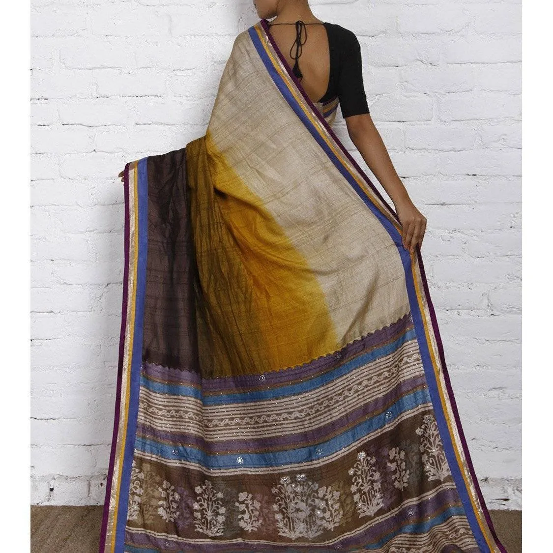 Beige & Dark Brown Silk Saree