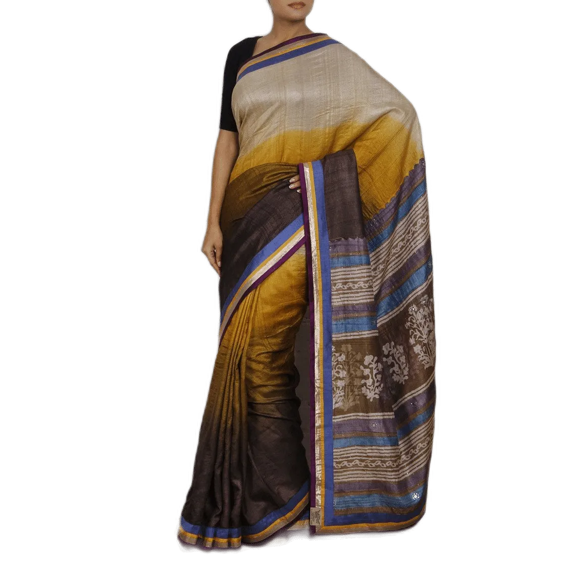 Beige & Dark Brown Silk Saree