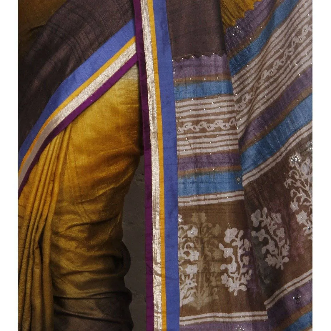 Beige & Dark Brown Silk Saree