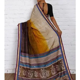 Beige & Dark Brown Silk Saree