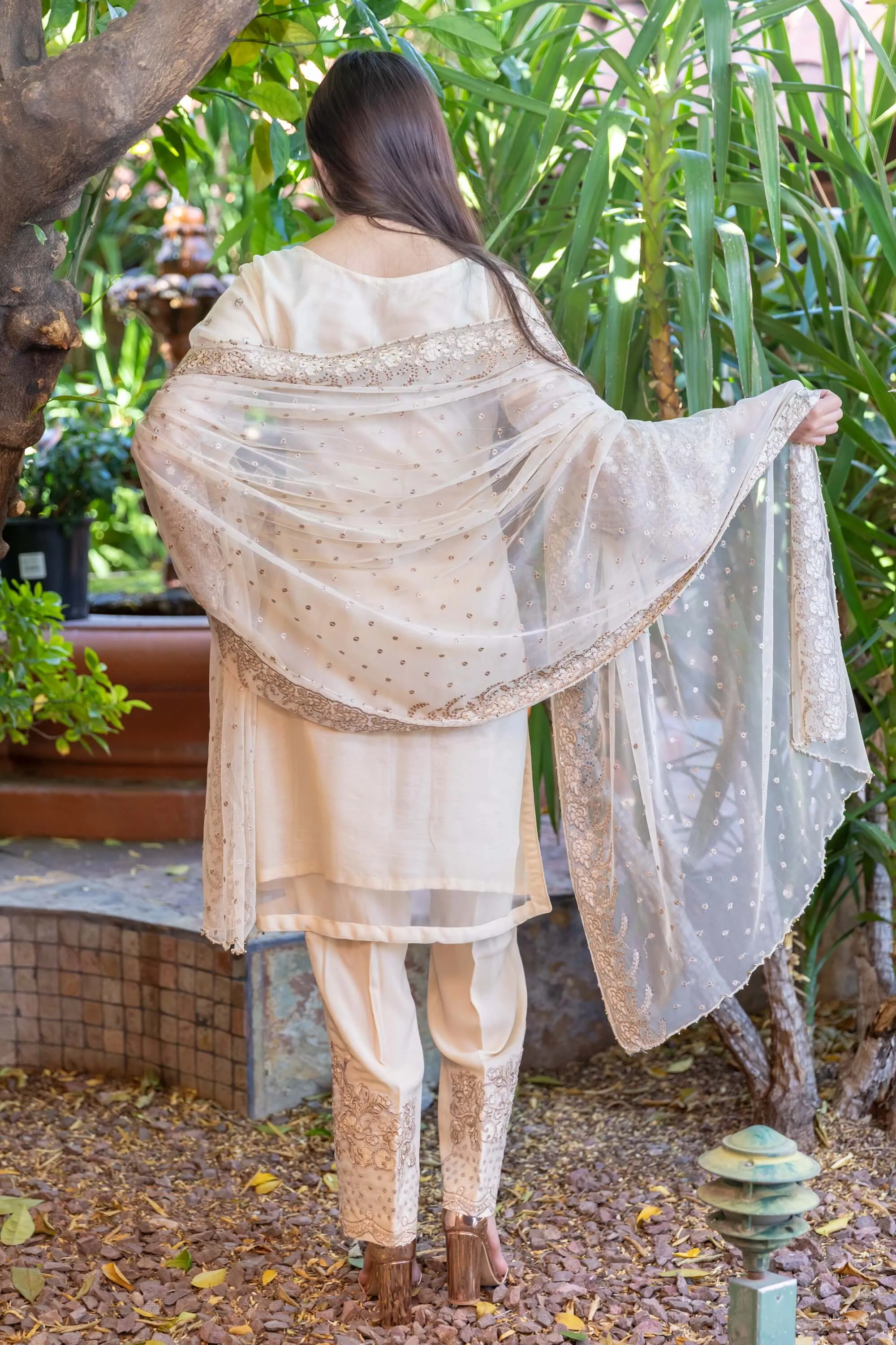 Beige Salwar-Kameez Chiffon Silk Suit