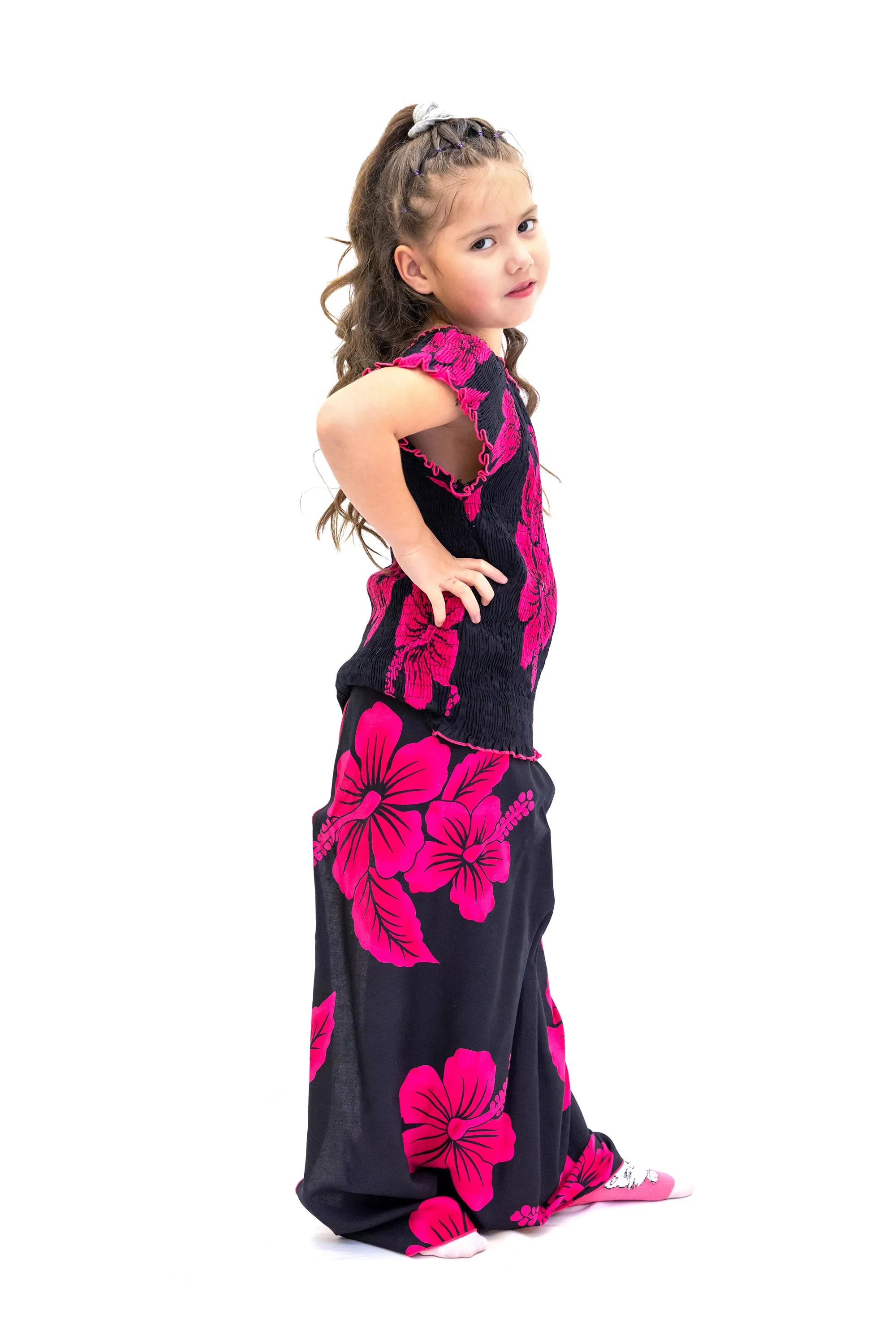 Black & Magenta Cotton Matching Set - Girls