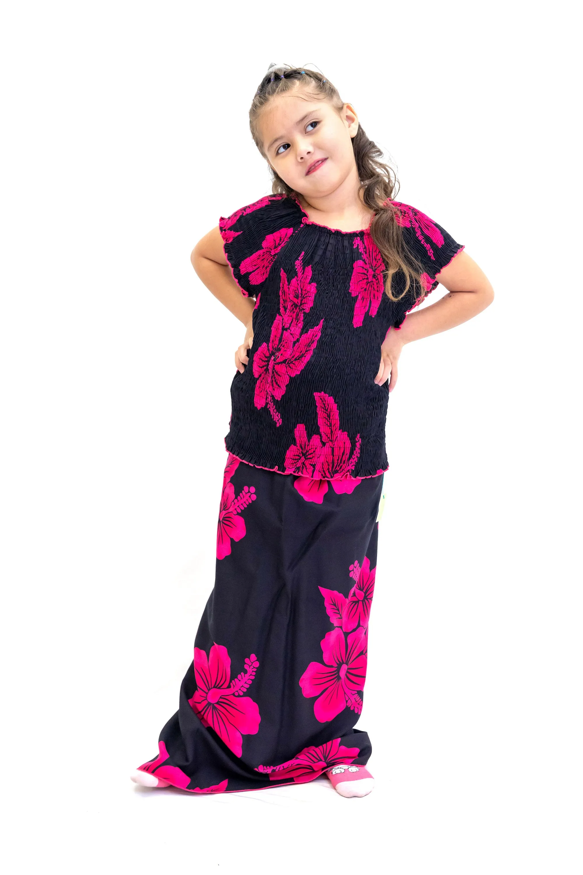 Black & Magenta Cotton Matching Set - Girls