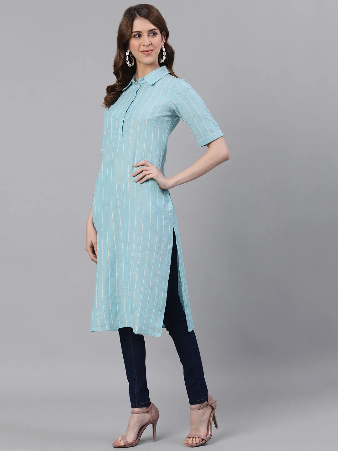 Blue Checks Straight Cotton Blend Kurtas