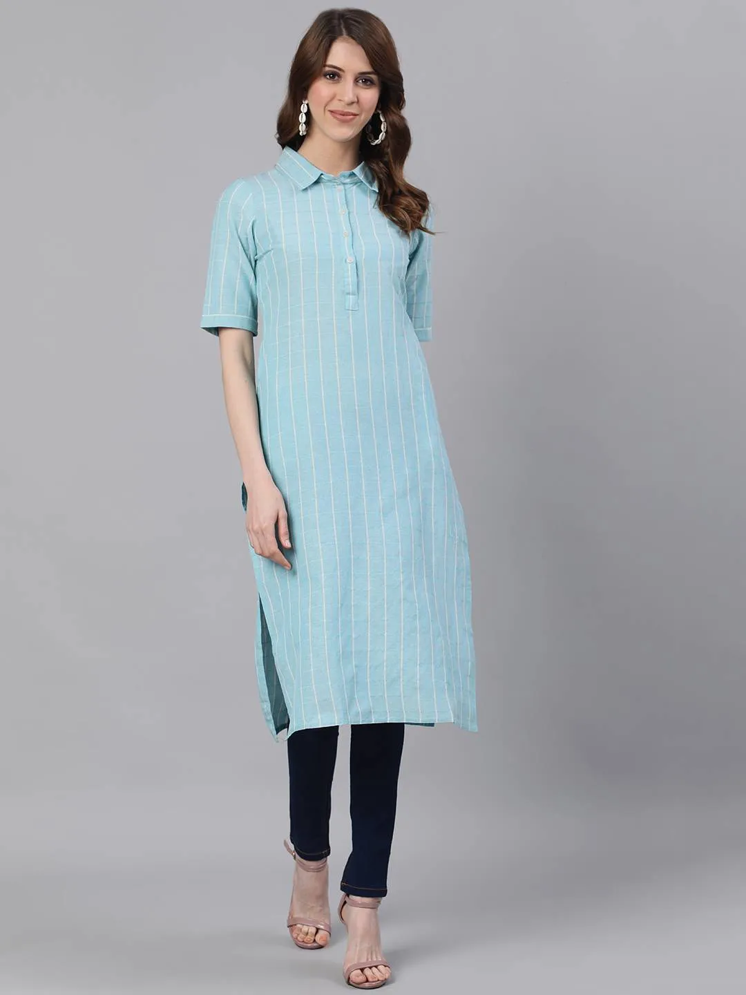 Blue Checks Straight Cotton Blend Kurtas