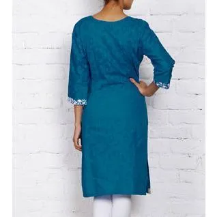 Blue Cotton Jacquard Kurti