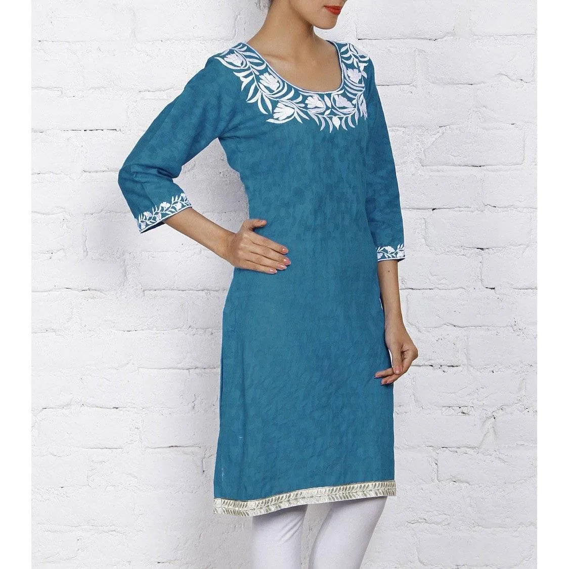 Blue Cotton Jacquard Kurti