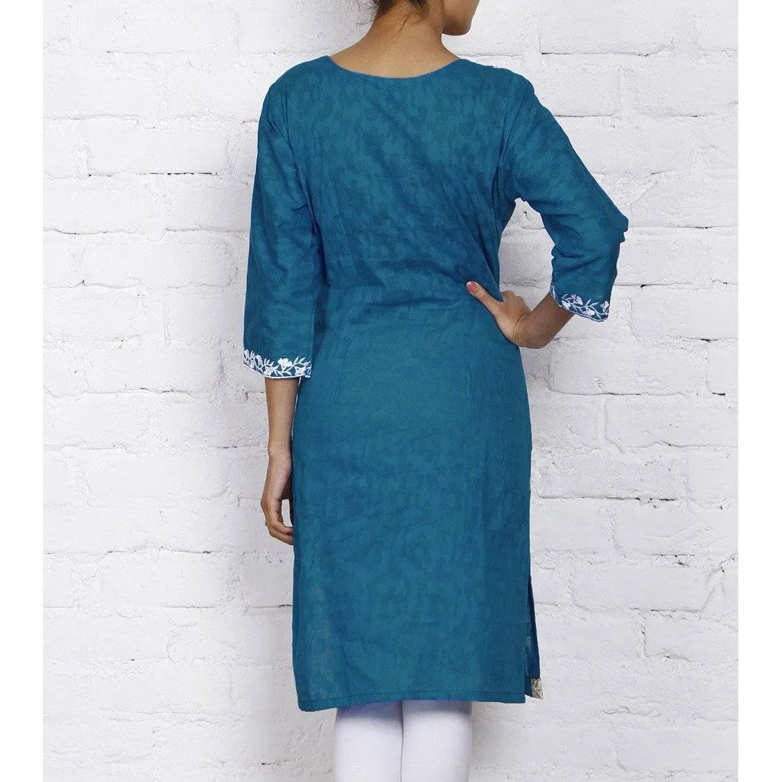 Blue Cotton Jacquard Kurti