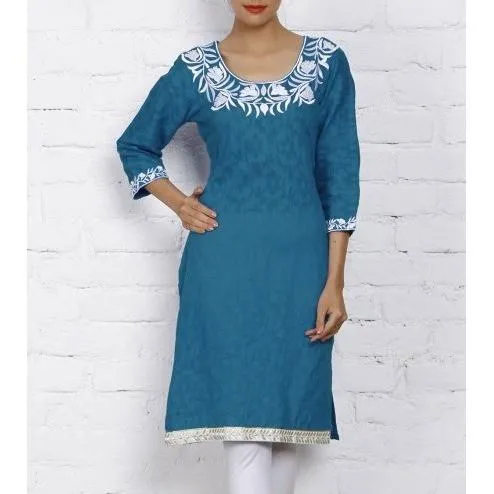 Blue Cotton Jacquard Kurti