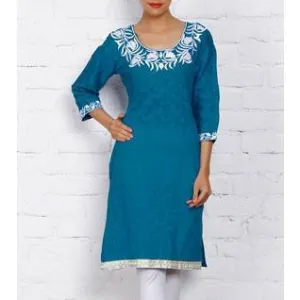 Blue Cotton Jacquard Kurti