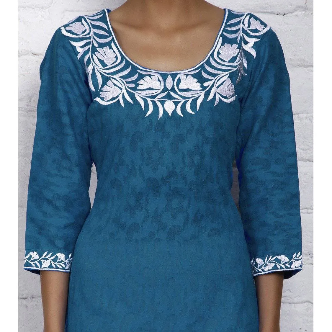 Blue Cotton Jacquard Kurti