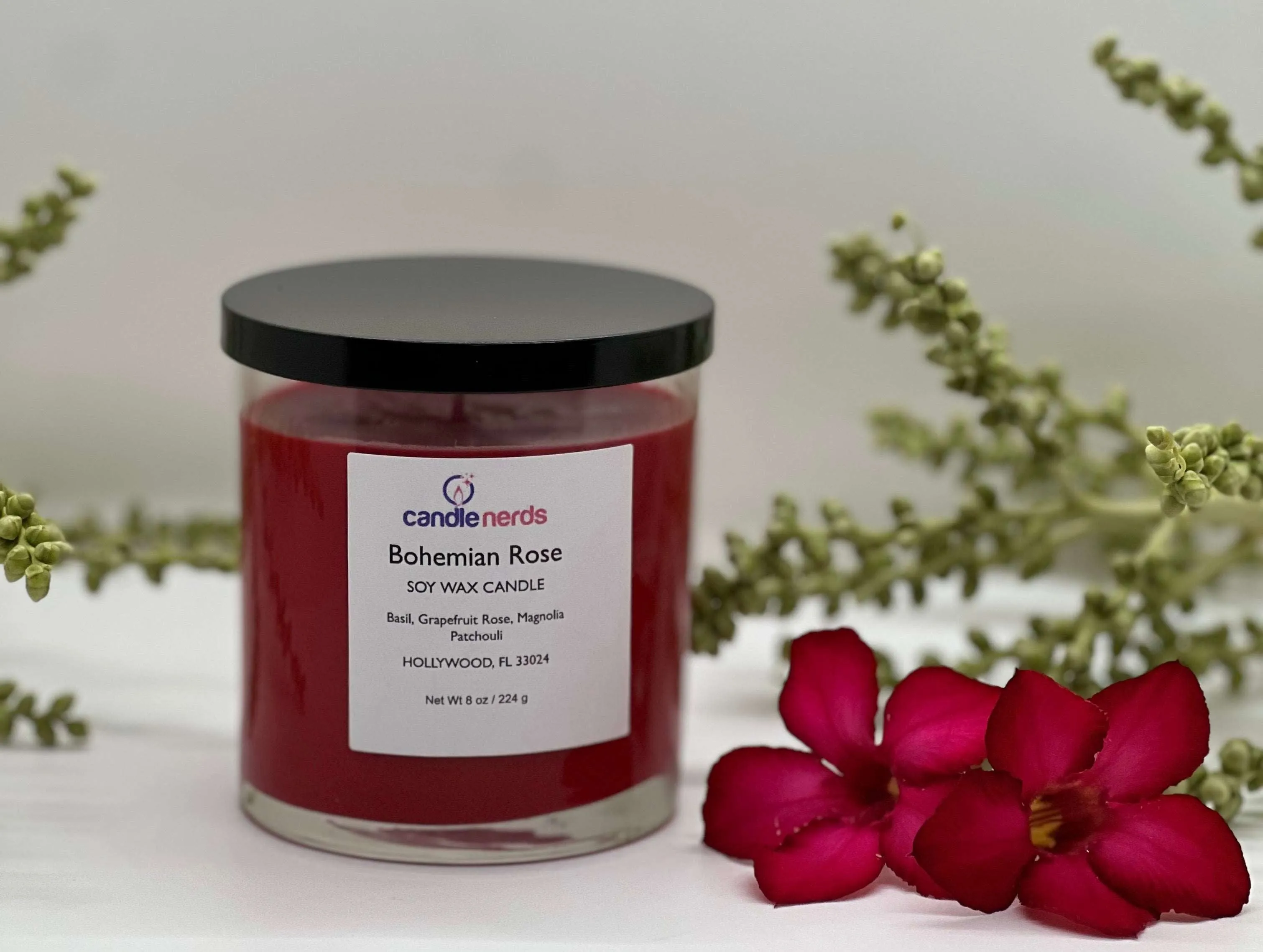 Bohemian Rose Soy Wax Candle in a Glass Jar with a Black LId