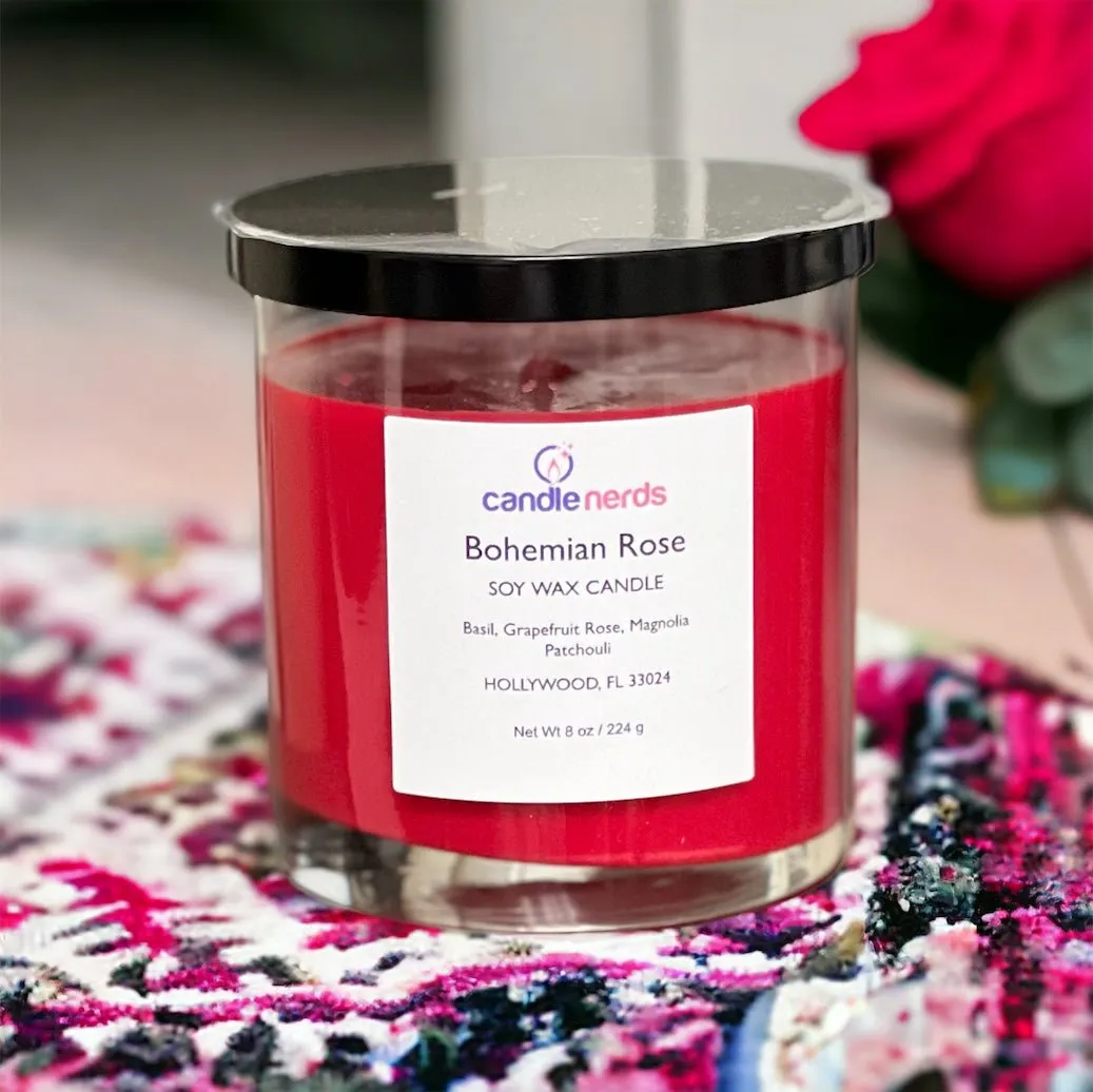 Bohemian Rose Soy Wax Candle in a Glass Jar with a Black LId