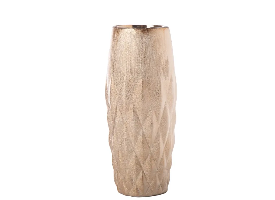 Ceramic Round Vase w/ Brushed Banded Top and Embossed Diamond Pattern