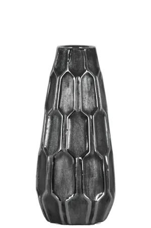 Ceramic Round Vase w/ Embossed Hexagonal Design SM/Silver
