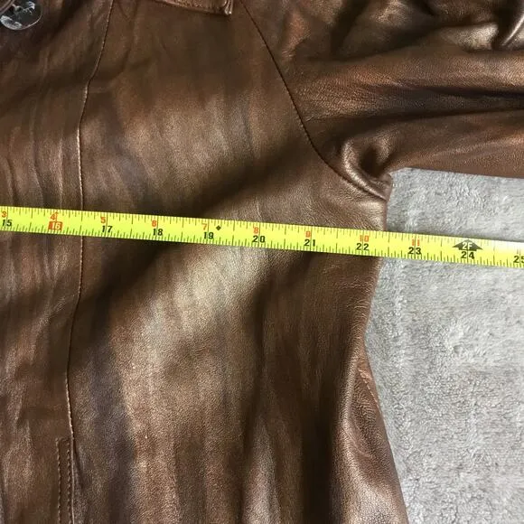 Chico's Women's Bronze Leather Coat Lined Flare Large Collar Slit Pockets Sz 2 M