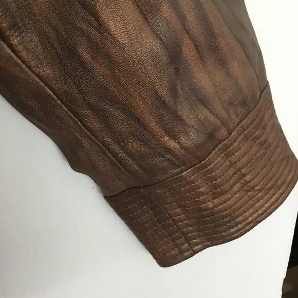 Chico's Women's Bronze Leather Coat Lined Flare Large Collar Slit Pockets Sz 2 M