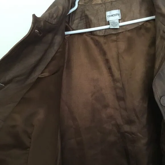 Chico's Women's Bronze Leather Coat Lined Flare Large Collar Slit Pockets Sz 2 M