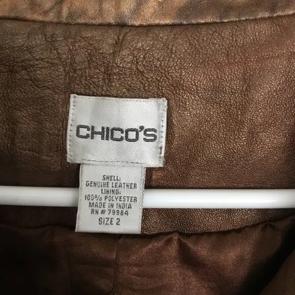 Chico's Women's Bronze Leather Coat Lined Flare Large Collar Slit Pockets Sz 2 M