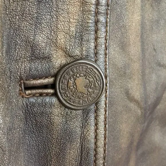 Chico's Women's Bronze Leather Coat Lined Flare Large Collar Slit Pockets Sz 2 M