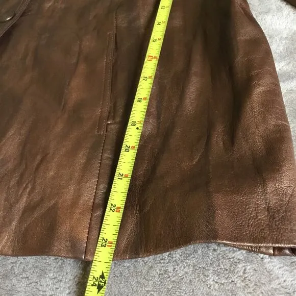 Chico's Women's Bronze Leather Coat Lined Flare Large Collar Slit Pockets Sz 2 M