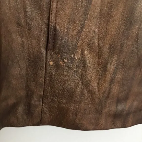 Chico's Women's Bronze Leather Coat Lined Flare Large Collar Slit Pockets Sz 2 M