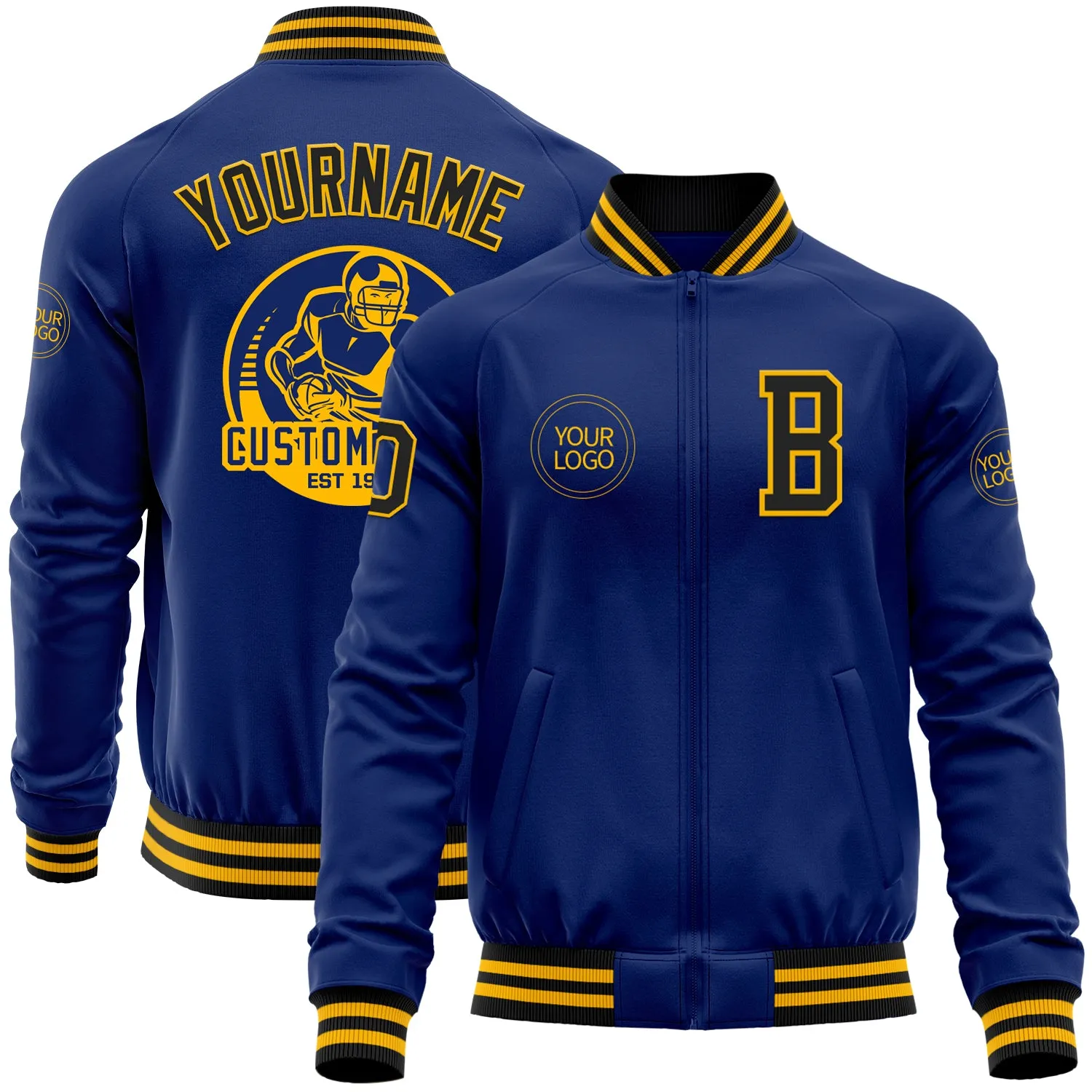 Custom Royal Black-Gold Bomber Varsity Letterman Zipper Jacket