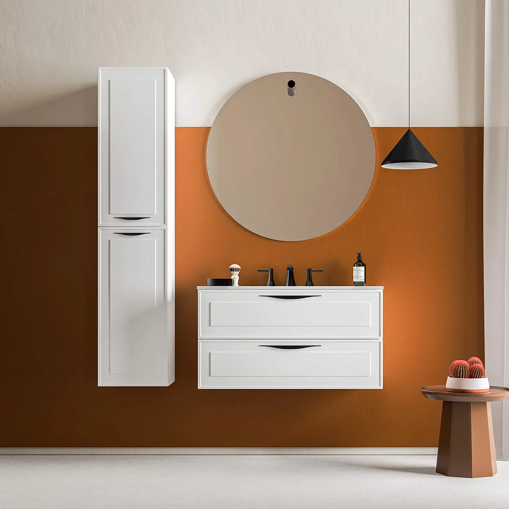 Deville 2 Drawers Bathroom Vanity with Porcelain Gloss White 1 Faucet Hole Sink - Wall Mount - 36" Mdf/Matte White/Brushed Gold