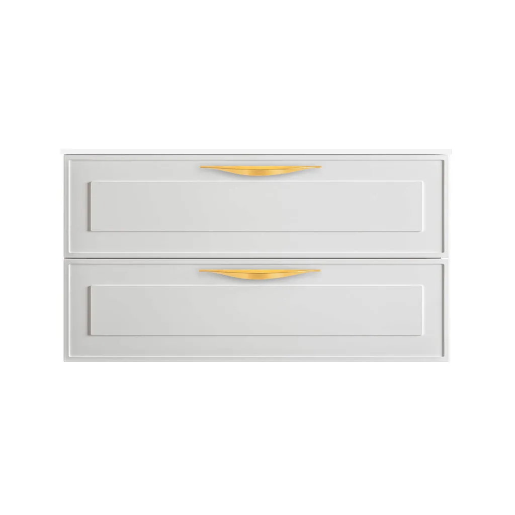 Deville 2 Drawers Bathroom Vanity with Porcelain Gloss White 1 Faucet Hole Sink - Wall Mount - 36" Mdf/Matte White/Brushed Gold