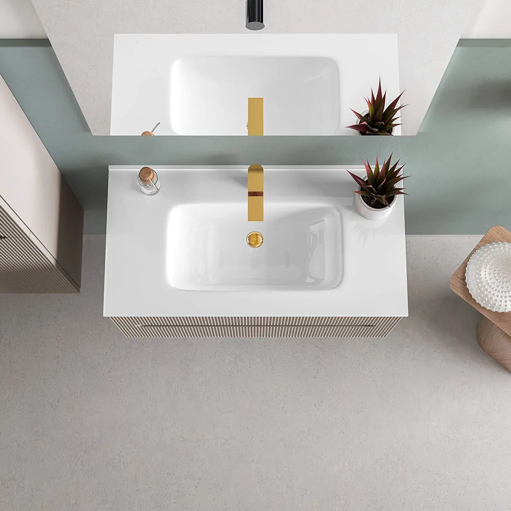 Deville 2 Drawers Bathroom Vanity with Porcelain Gloss White 1 Faucet Hole Sink - Wall Mount - 36" Mdf/Matte White/Brushed Gold