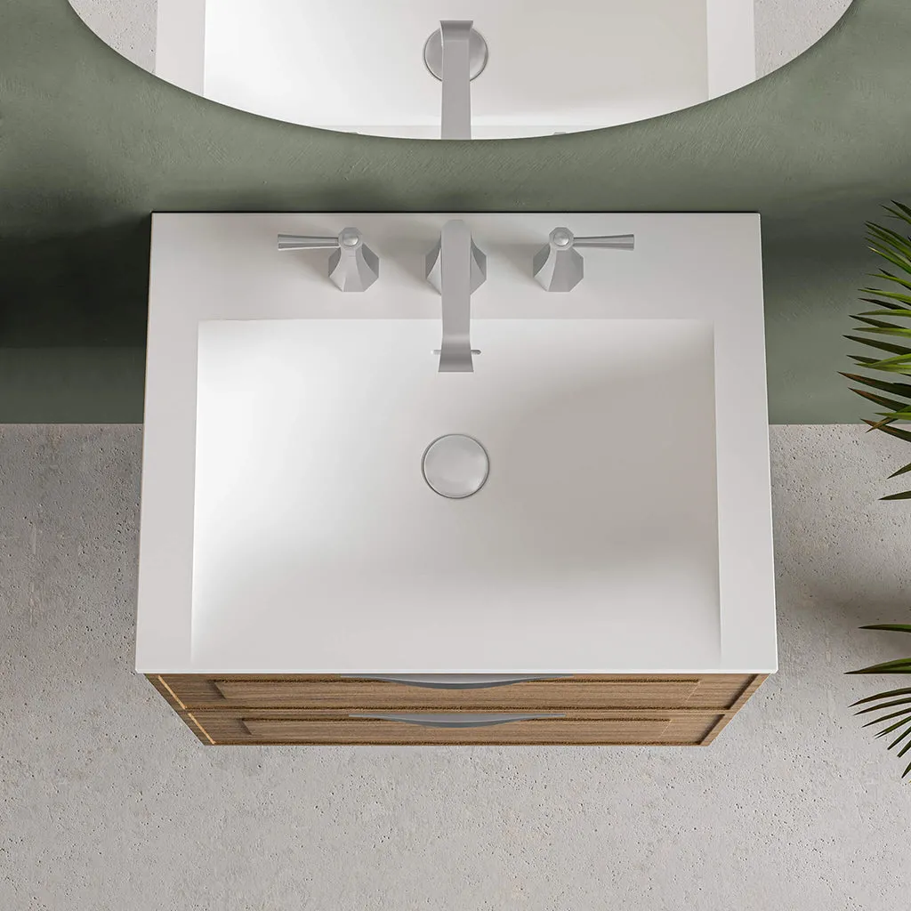 Deville 2 Drawers Bathroom Vanity with Solid Surface Matte White without Faucet Hole - Wall Mount - 24" Mdf/Matt Warm Grey/Brushed Gold