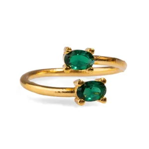Double Emerald Stone & Gold Dainty Adjustable Ring